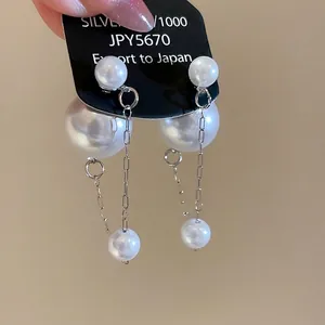 Round Imitation Artificial Pearl Dangle Stud Earrings With Silver Earring Post Elegant Minimalist Plated Chain Jewelry For Women