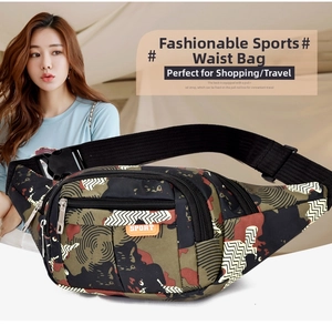Detail of camoufalge waist bag showing luggage strap and durable nylon fabric