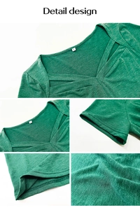 Detailansicht des grasgrünen V-Ausschnitt T-Shirts mit überkreuzten Trägern und Strickstruktur