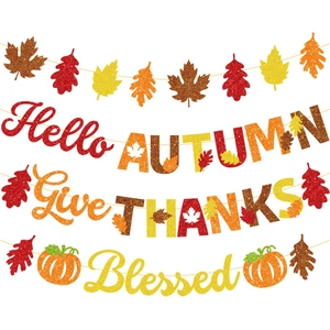 Thanksgiving Banner Herfst Oogst Slingers Glitter Papier Hello Autumn Give Thanks Blessed Pompoen Esdoornblad Decoratie