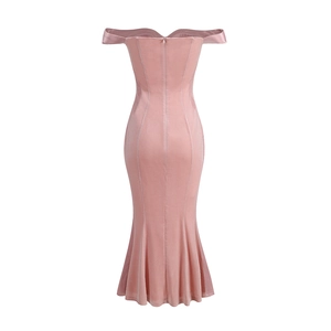 Detail view showing back zipper and fish tail silhouette of pink off-shoulder satin dress