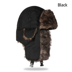 Detailed side view of black winter trapper hat with thick brown faux fur lining
