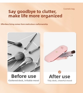 Detail of pink silicone makeup brush organizer showing before and after storage comparison
