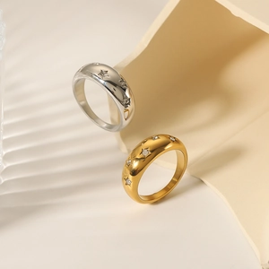 Polished stainless steel 18k gold and silver rings with star zircon inlay