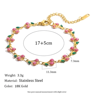 Bracelet en acier inoxydable plaqué or 18K avec breloque cerise et paillettes roses