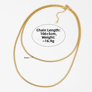 Detail view of 3mm gold snake chain necklace with 106+5cm length and 16.9g weight specs