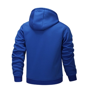 Rear view detail of dark blue hooded fleece jacket with ribbed cuffs and hem