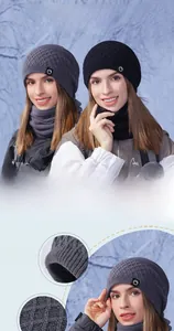 Close-up of thick knitted winter hat with warm fleece lining and diamond texture
