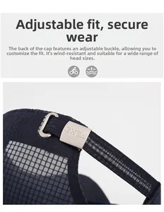 Detail of adjustable metal buckle and breathable mesh fabric on dark blue baseball cap
