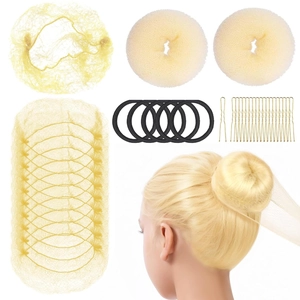 Hair styling set including beige bun maker, hair net, elastic ties and golden U-shaped pins