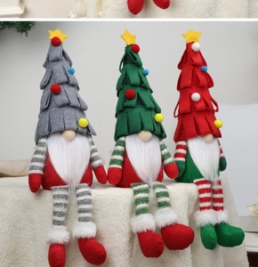 Three long-legged faceless Christmas gnomes in grey green and red on plush white background