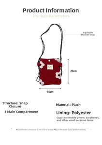 Detail view of plush crossbody bag with floral pattern showing dimensions and strap