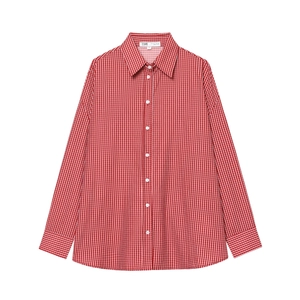 Women's casual long sleeve red and white checkered poplin shirt with collar detail