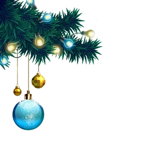 Golden Christmas baubles and blue snowflake ornaments hanging on green pine branches
