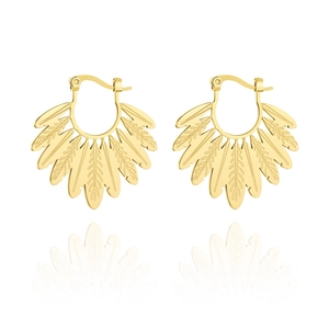 Elegant gold leaf-shaped dangle earrings with a bohemian feather-inspired fan design