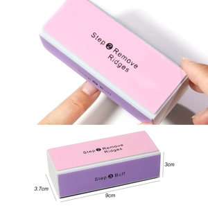 Pink and purple 4-way nail buffer block with dimensions 9x3.7x3cm for polishing nails