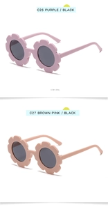 Detail view of flower-shaped kids sunglasses in pink, purple, and brown color options