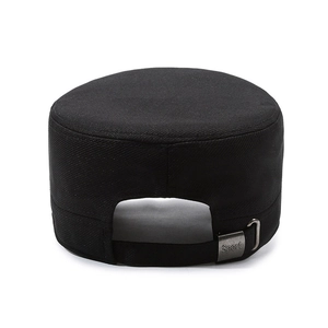 Classic black cotton flat top military cap for men with adjustable metal sport buckle