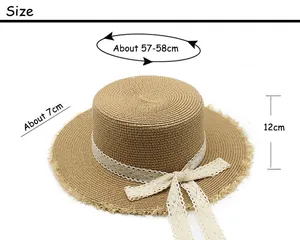 Size guide for straw boater hat showing head circumference, brim width, and crown height