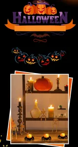 Close-up of Halloween spider LED candles, mini skeletons, and decorative pumpkin props