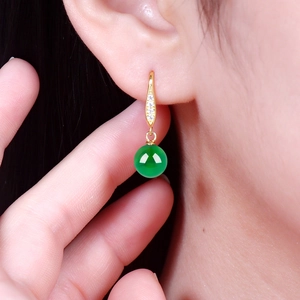 Elegant gold S925 silver earrings with green agate pendant and sparkling zircon accents