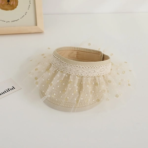 Beige woven open-top sun hat for kids with lace trim and sparkling sequin mesh details