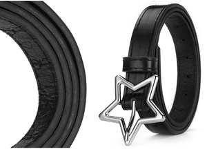 Macro view of black leather belt featuring a stylish silver star-shaped metal buckle