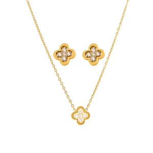 18k gold plated stainless steel four-leaf clover necklace and zircon earrings set