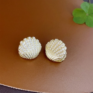 Shell Huggie Hoop Earrings Gold Plated Copper Cubic Zirconia With Silver Earring Post Elegant Minimalist For Women