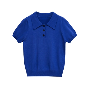 Royal blue short sleeve knit polo shirt with classic collar and contrast buttons