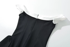 Detail of color-block neckline and invisible zipper on black and white woven dress