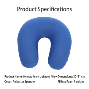 Navy blue U-shaped travel neck pillow with foam particles core and spandex cover