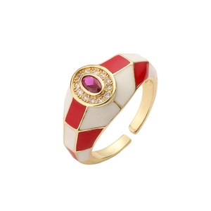 Adjustable 18K gold plated ring with red checkerboard enamel and central red zircon stone