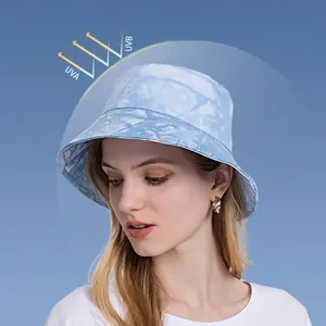 Light blue tie-dye bucket hat for women with wide brim UV protection for summer sun