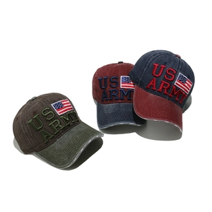 Close-up of US ARMY 3D embroidery and flag patch on washed vintage cotton baseball caps
