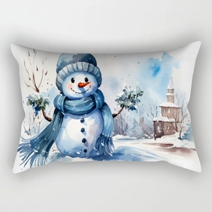Detail of a Christmas snowman pillow cover featuring watercolor art with a blue knit hat