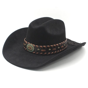 Schwarzer Cowboyhut aus Wildlederimitat mit 9 cm breiter Krempe und Lederband