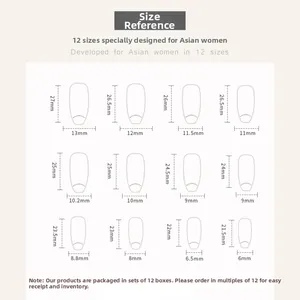 Size guide for long matte pink press-on nails with 12 sizes for perfect fit