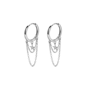 S925 sterling silver hoop earrings with star pendant and multilayer chain design