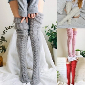 Women Cable Knit Over The Knee Socks Solid Color Extra Long Acrylic Thigh High Stockings Autumn Winter Leg Warmers