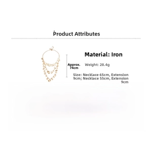 Detailed size specifications for gold layered necklace with metallic disc pendants