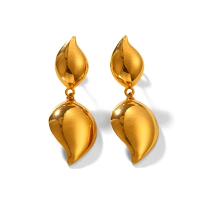 Polished 18K gold stainless steel water drop earrings with streamlined flame design