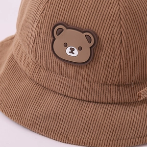Autumn baby corduroy bucket hat in warm brown with cute 3D bear patch and wide brim