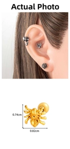 Detailed view of a gold spider stud earring with size dimensions and screw back ball