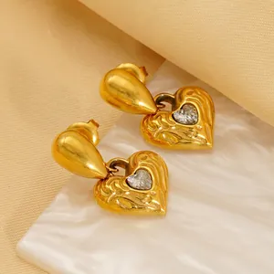 Vintage Stainless Steel Heart Earrings For Women Gold Plated Hammered Texture Zirconia Inlaid Stud Earrings Jewelry Gift