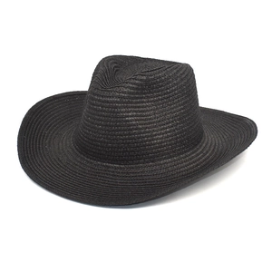 Classic black wide-brim straw fedora hat with sun protection and woven texture detail