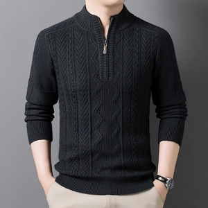 Men's casual black cable knit sweater with a stand collar and half-zip design