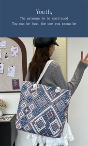 Detail of blue and white geometric woven tote bag with white rope shoulder straps