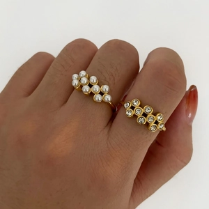 18K Gold Plated Stainless Steel Ring With Imitation Artificial Pearl And Cubic Zirconia Cluster Fashion Adjustable Open Finger Jewelry For Women