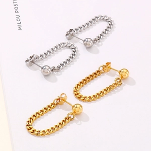 Chic stainless steel ball earrings with curb chain drop in gold and silver finishes